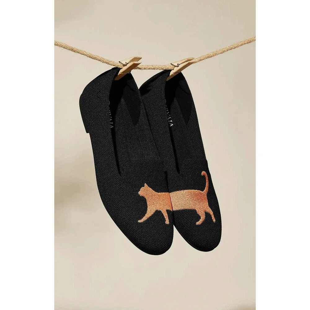 VIVAIA Audrey Black Cat Embroidered Knit Loafers Womens US 9 EU 40